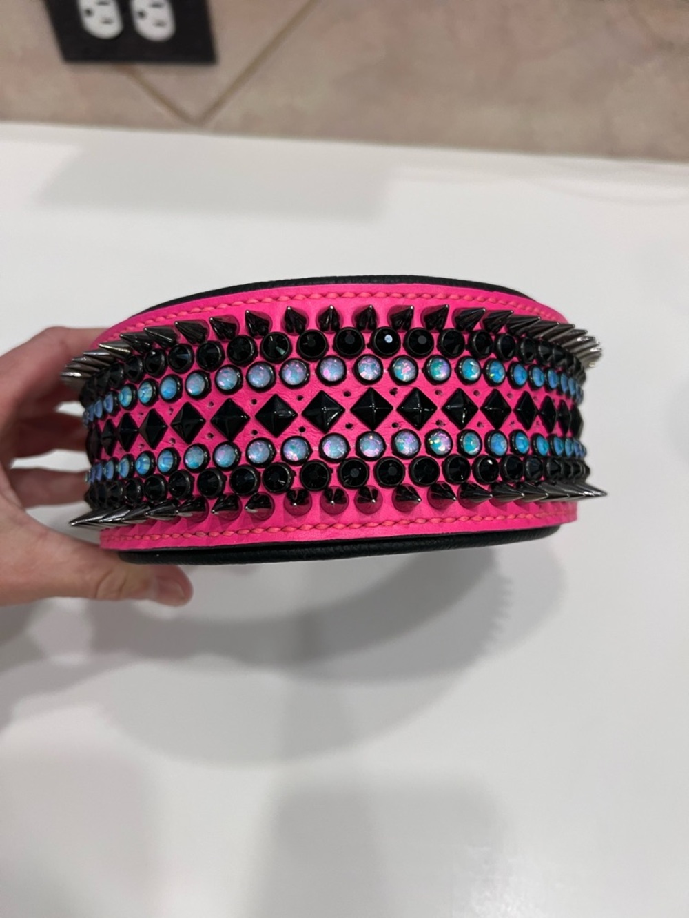 Hot Pink Leather Studded Crystal Dog Collar